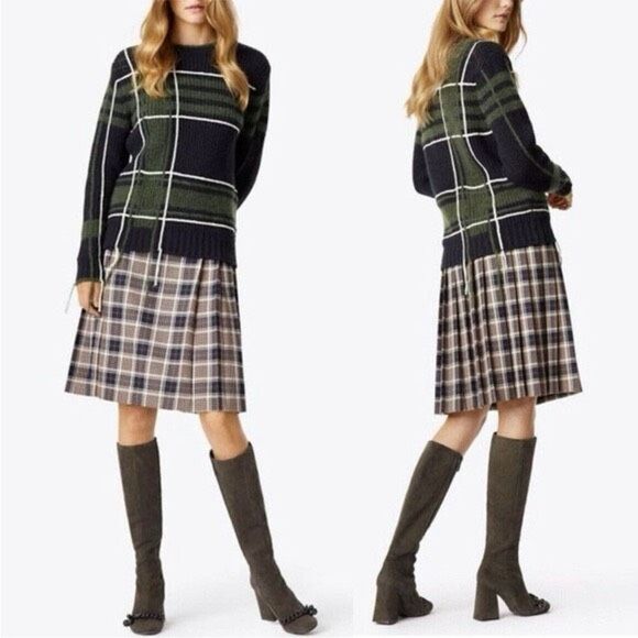Tory Burch Eden‎ Wool Blend Chunky Pullover Sweater Green Navy XS - Picture 1 of 15